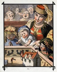 Lemuel Gulliver v zemi obrů Brobdingnag je kuriozitou pro děti. Ilustrace pro „“ Gulliver