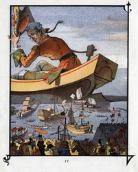Lemuel Gulliver se rozloučil s liliputány. Ilustrace pro „“ Gulliver