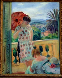 Dvě ženy na balkoně nebo na balkonu s výhledem na Estérel. 1925-1926, 92,5 × 65 cm. Lyon, Musée des Beaux-Arts