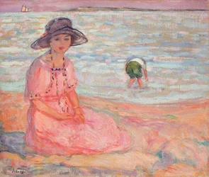 Žena v růžových šatech u moře; Femme a la Robe Rose au bord de la Mer, kolem roku 1920