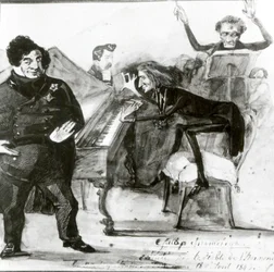 Galop Chromatique Karikatura Luigiho Lablache, Franz Liszt (1811-86) u klavíru a Francois Habeneck