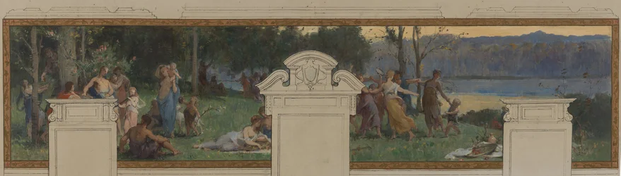 Skica radnice v Pantinu: Alegorie kanálu Ourcq, práce a plavby - Fête champêtre (stropní a nástěnný panel)