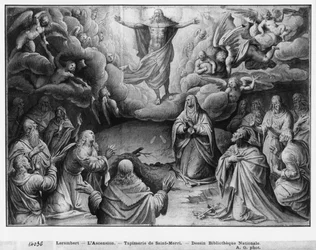Život Krista, Nanebevstoupení, přípravná studie kreslených gobelínů pro kostel Saint-Merri v Paříži, kolem 1585-90 (pierre noire und wash a bílé zvýraznění na papíře)
