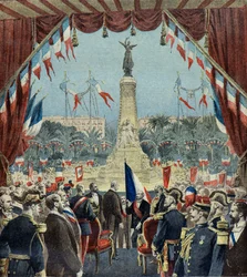 Felix Faure slavnostně odhaluje památník u příležitosti stého výročí připojení Nice k Francii v roce 1896 (Rytina)