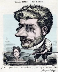 Georges Bizet (1838-1875), francouzský skladatel - karikatura, s autogramem od Bizeta, Henri Meyer dit Reyem (1844-1899) pro „“Diogene““
