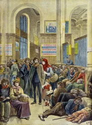Italští emigranti na pařížském nádraží Saint Lazare v roce 1896 (rytina)