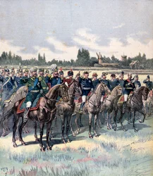 Vojenská revize s generálem Saussierem a zahraničními vojenskými přidělenci, 14. července 1891.