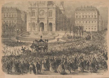 Pohřeb Gioacchina Rossiniho. Smuteční průvod vychází z kostela, 1868.