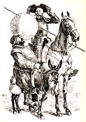 Don Quijote na koni vedle Sancha na oslu.