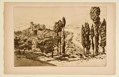 [Bazilika v Assisi při pohledu z La Rocca]