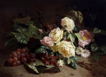 Zátiší letních květin a hroznů. Obraz Henriho Robbeho (1807-1899) Soukromá sbírka.