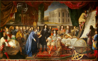 Colbert představuje Ludvíku XIV. členy Královské akademie věd v roce 1667