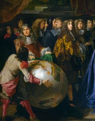 Zemský glóbus, detail Jean-Baptista Colberta představujícího členy Královské akademie věd Ludvíku XIV. v roce 1667, olej na plátně Henri Testelin (1616-1695), cm 348x590, Francie