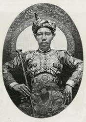 Portrét Mohammeda Yamalul Alama, sultána ze Soulou (nebo Sulu) (Filipíny), v roce 1880. Rytina od Thiriata pro ilustraci příběhu „“ Cesta na Filipíny““