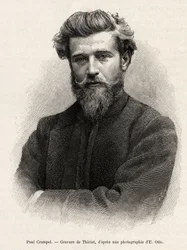 Portrét Paula Crampela (1864-1891), francouzského průzkumníka střední Afriky. Rytina Henriho Thiriata k ilustraci příběhu „“ La mission Crampel “, od Alberta Nebouta (1862-1939), v roce 1890, v Le tour du Monde 1892, režie Edouard Charton (1807-1891), H