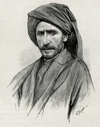 Portrét šejka Mosese, nejmocnějšího kmenového vůdce Arabistánu (neboli Arabského poloostrova). Thiriatova rytina k ilustraci vyprávění „Persie, Chaldea a Susiana“