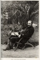 Portrét autora Dr. Charlese Edouarda Hocquarda (1853-1911), majora medicíny 1. třídy. Rytina od Thiriata k ilustraci příběhu „“ Trente mois au Tonkin““ od Dr. Charlese Edouarda Hocquarda (1853-1911), v roce 1885, v Le tour du monde, nouveau journal