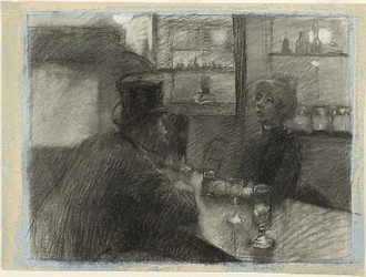 Bar v kavárně na rue de Rome, kolem roku 1886 (uhlí a bílá křída na modrém tkaném papíře)