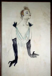 Portrét zpěvačky Yvette Guilbertové (1867-1944) Kresba uhlem s esencí Henri de Toulouse Lautreca (1864-1901) 1894. Rozměr 1,86 x 0,93 m Albi, musee Toulouse Lautreca