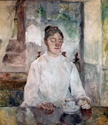 Umělcova matka, hraběnka Adele de Toulouse Lautrec, snídá v Chateau de Malrome. Obraz Henri de Toulouse-Lautrec (Toulouse Lautrec