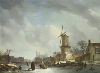 Skotačení na zamrzlém kanálu ve městě