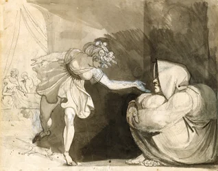 Galinthias přelstí Eileithyiu oznámením narození Hérakla (Verso: Portrét paní Fuseliové) (grafit, inkoust a inkoust se zvýrazní bílou barvou na bílém položeném papíře)