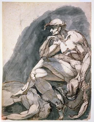 Muž se dvěma mrtvými ženami, asi 1772 (pero a hnědá tuš s šedou lazurou na papíře)