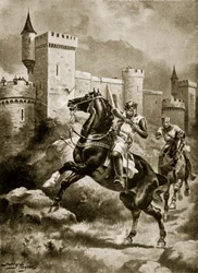 Obležení Chaluz, ilustrace z „Hutchinsonova příběhu britského národa“, kolem roku 1920 (litho)