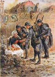Stará žena prodávající koláče uprostřed padajících domů Verdun, ilustrace z Brave Deeds by Brave Men od C. Sheridana Jonese, hospoda. 1922