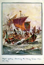 Alfrédovy galéry útočí na vikinské dračí lodě, 897 n. l., ilustrace z knihy „Hutchison