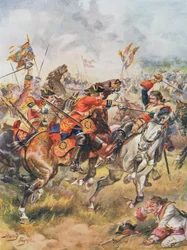 Útok Third Dragoons, ilustrace z knihy „Glorious Battles of English History“ od majora C.H. Wyllyho, 20. léta 20. století