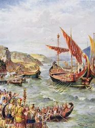 Odchod Římanů z Británie po plenění Říma v roce 410 našeho letopočtu, ilustrace z „Hutchinsonova příběhu britského národa“