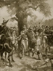 Svatý Edmund zabit Dány, 870 n. l., ilustrace z „Hutchinsonových dějin britského národa“, kolem 1920