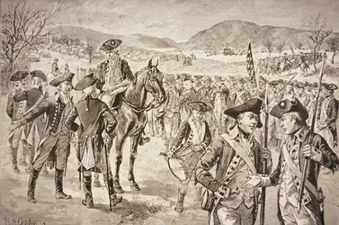 Rozpuštění americké kontinentální armády v New Windsor, New York, začátkem listopadu 1783 (litho)