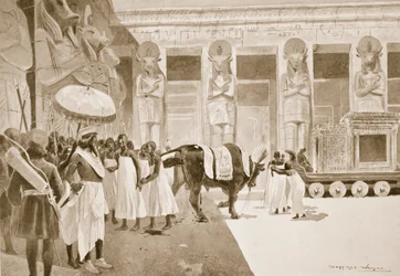 Kambýsés zabíjí posvátného býka, ilustrace z „Hutchinsonových dějin národů“, kolem roku 1910
