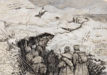 Galicie, ruské jednotky v zasněžených kopcích, 13. března 1916 (inkoust a kvaš na papíře)