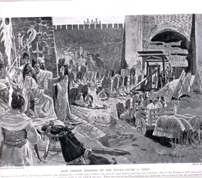 Jak čínské figuríny na zdi zachraňují město, ilustrace z „Hutchinsonových dějin národů“, kolem roku 1920