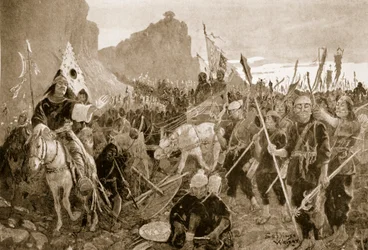 Vojáci s ‚kousky‘ v ústech, ilustrace z ‚Hutchinsons History of the Nations‘, kolem roku 1920
