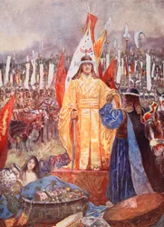 Velký maršál vyhlášený císařem na bitevním poli, ilustrace z „Hutchinsonových dějin národů“, kolem roku 1920