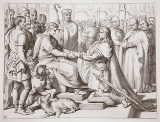 Jak Hereward přišel ke králi, ilustrace z Herewarda Velikého od Charlese Kingsleyho, hospoda. 1870, vyryl C.G. Lewis (rytina ocelového plechu)