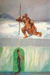 „Eskymák se chystá kopnout tuleně skrz jeho dýchací díru“, c1927, 1928