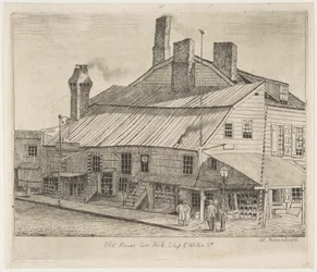 Old House, Corner of Peck Slip and Water Street ze Scenes of Old New York, 1870.
