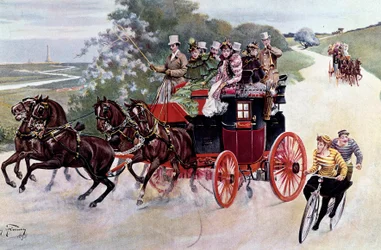 Zátěž cestujících a cyklistů. Litografie podle obrazu Henryho Finneyho (19. století), asi 1890. Soukromá sbírka