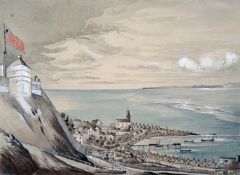 Pevnost a vesnice Mackinaw, s indiánským táborem, září 1842 (wc na papíře)