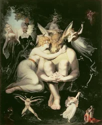 Titanie se probouzí, obklopena sloužícími vílami, blaženě se tiskne k Bottomovi, který stále nosí oslí hlavu, 1793-4