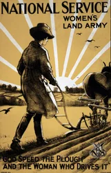 První světová válka: „Mladá žena orá půdu““ propagandistický plakát pro ženskou pozemní armádu 1917 Ilustrace Henry George Gawthorn (1879-1941) DR