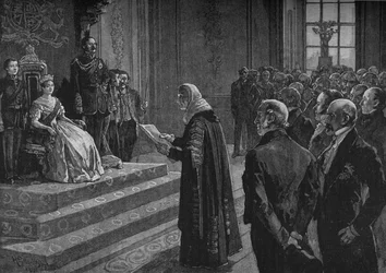 Peers and Commoners přednášející vlastenecký projev ke královně v předvečer Krymské války, 1891