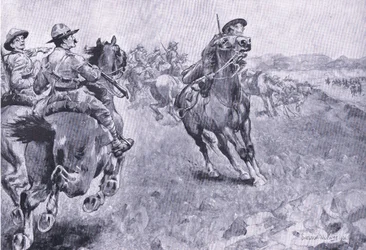 Závod o velení na Philips Town Road, z After Pretoria: The Guerilla War vydané Harmsworth Bros Limited, 1901