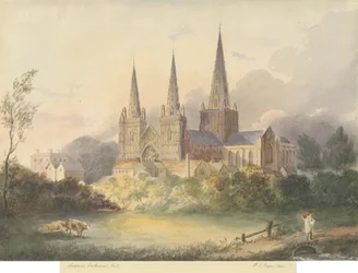 Katedrála Lichfield - Západní pohled: malba vodovými barvami, 1844