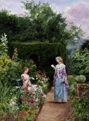 Zprávy ze zahraničí. Mladá žena sedí na lavičce v zahradě a poslouchá jinou ženu, která čte dopis. Malba Henryho Johna Yeenda Kinga (1855-1924). Soukromá sbírka.